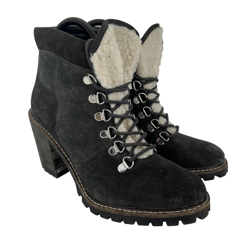 Dolce Vita Boots Womens Size 7 Gray Suede Faux Fur Lace Up Ankle Block Heel